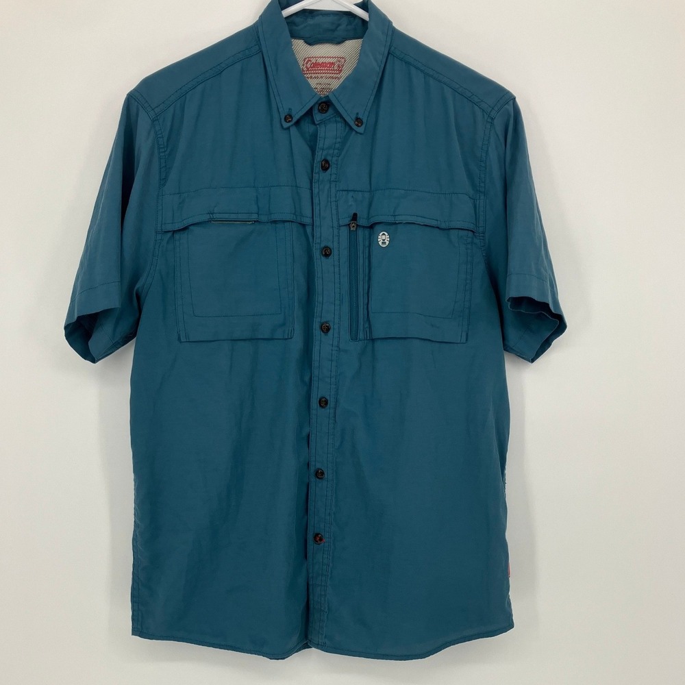 Coleman Mens Short Sleeve Fishing Shirt Teal Blue Utility Hiking Top Size Medium